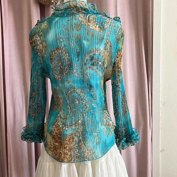 Vintage/Mermaidcore Jaipur Blue Floral Ruffled Blouse - Picture 4 of 8